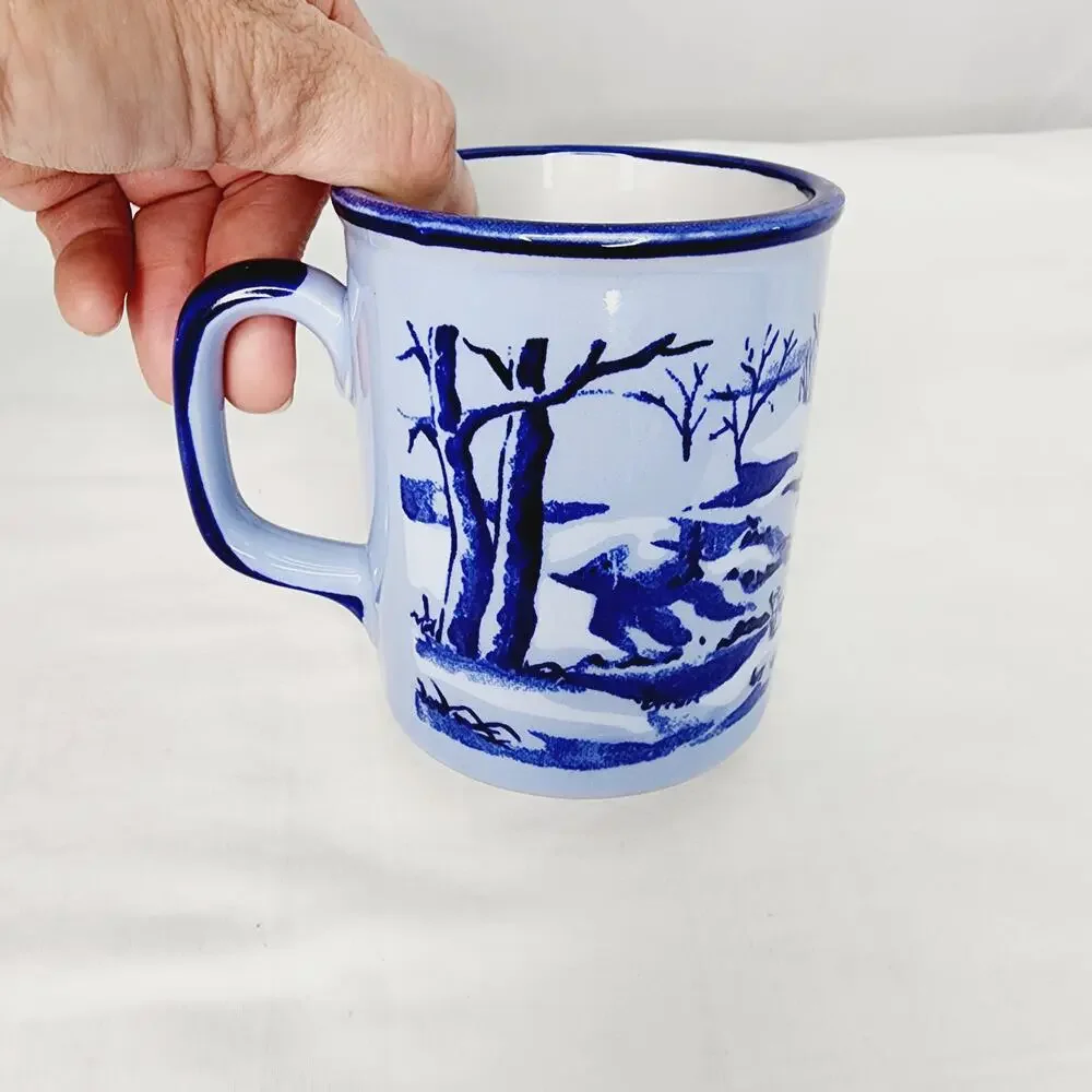 Vintage Japan Otagiri Mug Blue Cabin Scene Stoneware Rustic Coffee Mug